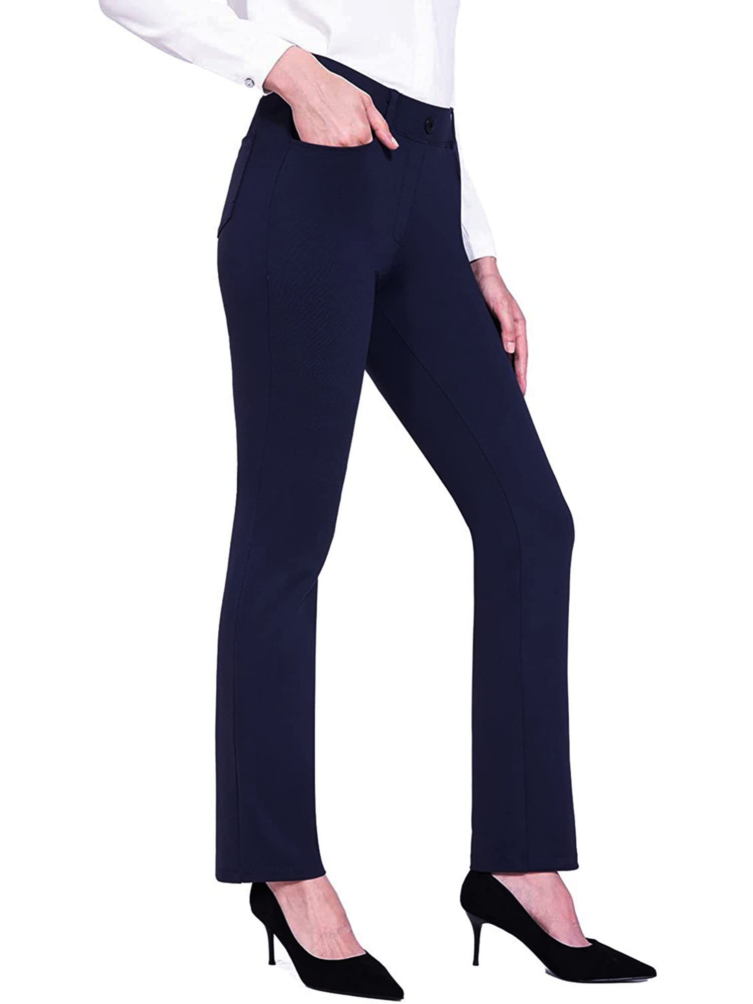Owls-Yard Womens Pants Solid Color High Waist Elastic Flared Trousers with Pockets for Party Dating A-Navy Blue Medium