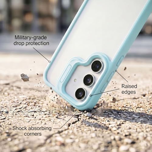 Image of amazon basics Frosted Matte Case for Samsung Galaxy S24 5G | Built-in Flip-Out Camera Lens Stand | Translucent Back with Contrast Blue Bumper | Shockproof Protective Cover with Foldable Kickstand
