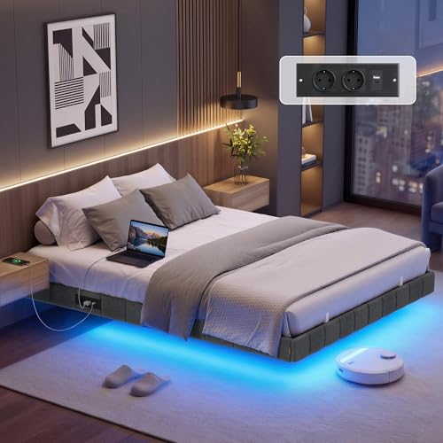VASAGLE Bettgestell 140 x 200 cm schwebender Effekt LED-Beleuchtung gepolsterte Seitenwände 2 AC-Steckdosen 2 USB-A-Anschlüsse 1 USB-C-Anschluss bis 500 kg belastbar schiefergrau RMB164G101