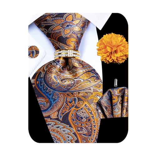Image of 5PCS Mens Silk Designer Tie, Pocket Square, Cufflinks, Drilled Tie Ring and Lapel Pin Set for Wedding Groom Party