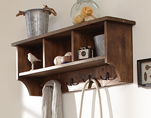 Renew Reclaimed Wood Wall Mounted Coat Hook with 3 Storage Cubbies, Natural