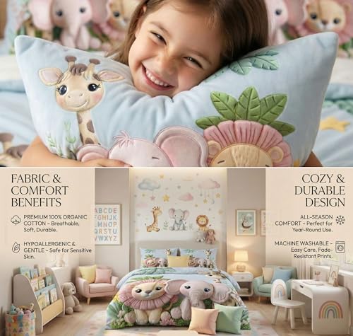 Image of HOMEKART Kids Cloud Cotton Bedsheet Double Bed | 210 TC Cartoon Printed Bedding Set with 2 Pillow Covers 7D| Soft, Wrinkle-Free | 108 x 108 Inches (Cute Jungle Animals)
