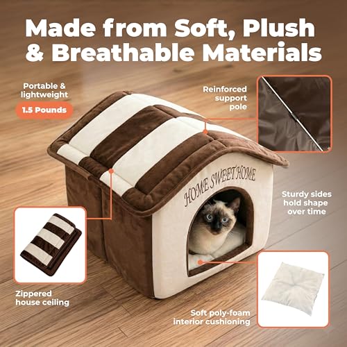Image of Best Pet Supplies Cat Bed for Indoor Cat, Domed Tent House with Removable Pillow, Covered Cat Cave for Small Dog, Puppies and All Breeds of Cats - Beige w / Brown Stripes, 16 x 16 x H:14 inch