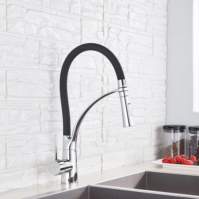 Image of INART Designer Brass Single Handle High Arc Kitchen Sink Faucet /Hot & Cold Water Mixer Tap with Sprayer Multitask Mode- Black Color