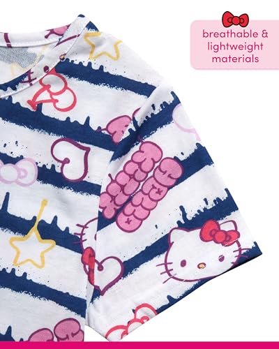 Image of Hello Kitty Girls Shirts - 2 Pack Cotton Blend Short Sleeve Tops - Crewneck Cute Graphic Girls Tee Shirt Pack Blue /White Stripes
