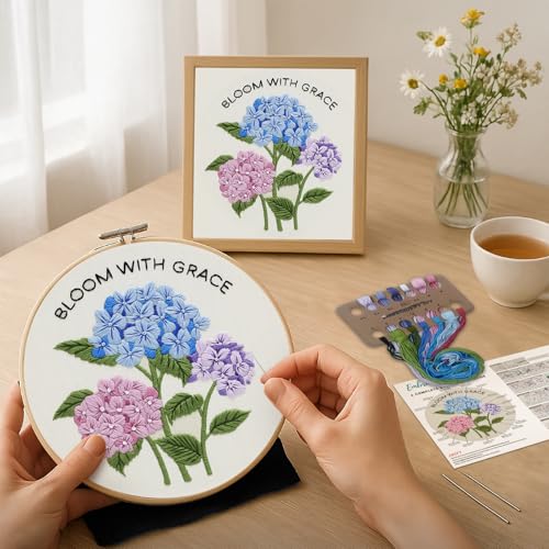 Image of Nuberlic Hydrangea Embroidery Kits for Beginner Adults Cross Stitch Kit with Stamped Pattern Include Cloth Hoops Threads Needles
