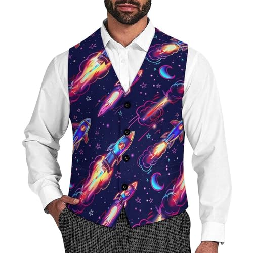 Neon Rocket Launch Men's Suit Vests Business Formal Dress V-Neck Waistcoat Tops with 2 Pockets
