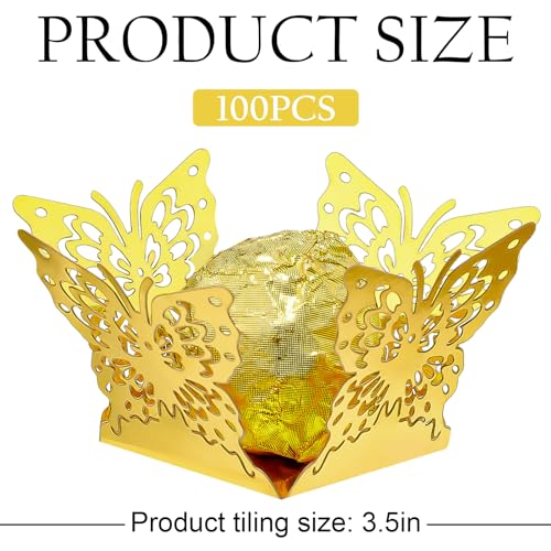Newtay 100 Pcs Truffle Wrappers Gold Butterfly Truffle Cup Paper Cupcake Liners Candy Cups for Chocolate Wedding Baking Dessert Cups for Baby Shower Wedding Birthday by Newtay - Image 2