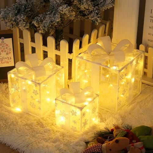 3 Stück Weihnachtsdeko LED Geschenkbox Set Beleuchtet mit Timer...