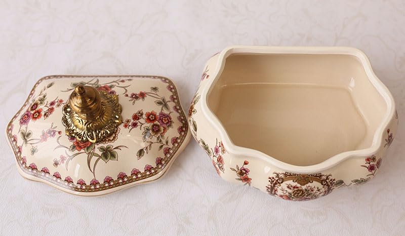 Słoik ceramiczny w stylu vintage z pokrywką ze stopu na przekąski, biżuterię i klucze, europejski pojemnik dekoracyjny kwiatowym wzorem do salonu toaletki, 22 x 18 cm