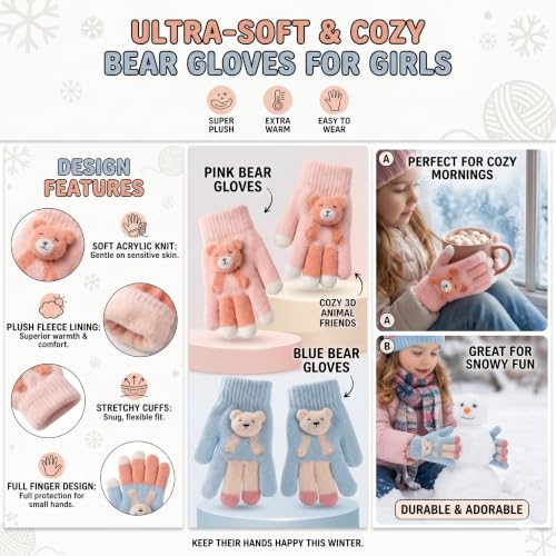 Image of Kids Winter Woolen Hand Gloves for Girls (Age 8-12 Years) | Soft Warm Knitted Gloves | Cute Teddy Bear Design | Cold Weather Gloves