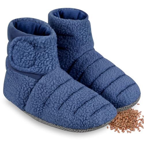 REVIX Microwavable Booties for Cold Feet Moist Heat Therapy, Heated Slippers Women & Men for Soothing Cold Foot, Microwavable Foot Warmers, Non-Slip Sole & Adjustable Fit, Navy S