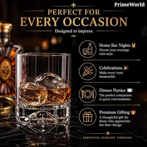 Image of PrimeWorld Hand Blown Crystal Double Old Fashioned Cocktail Set of 6pcs-300ml, Solid Whiskey Glasses, Rocks Glasses, Lowball Glasses - Perfect Size for Oversized Ice Cubes