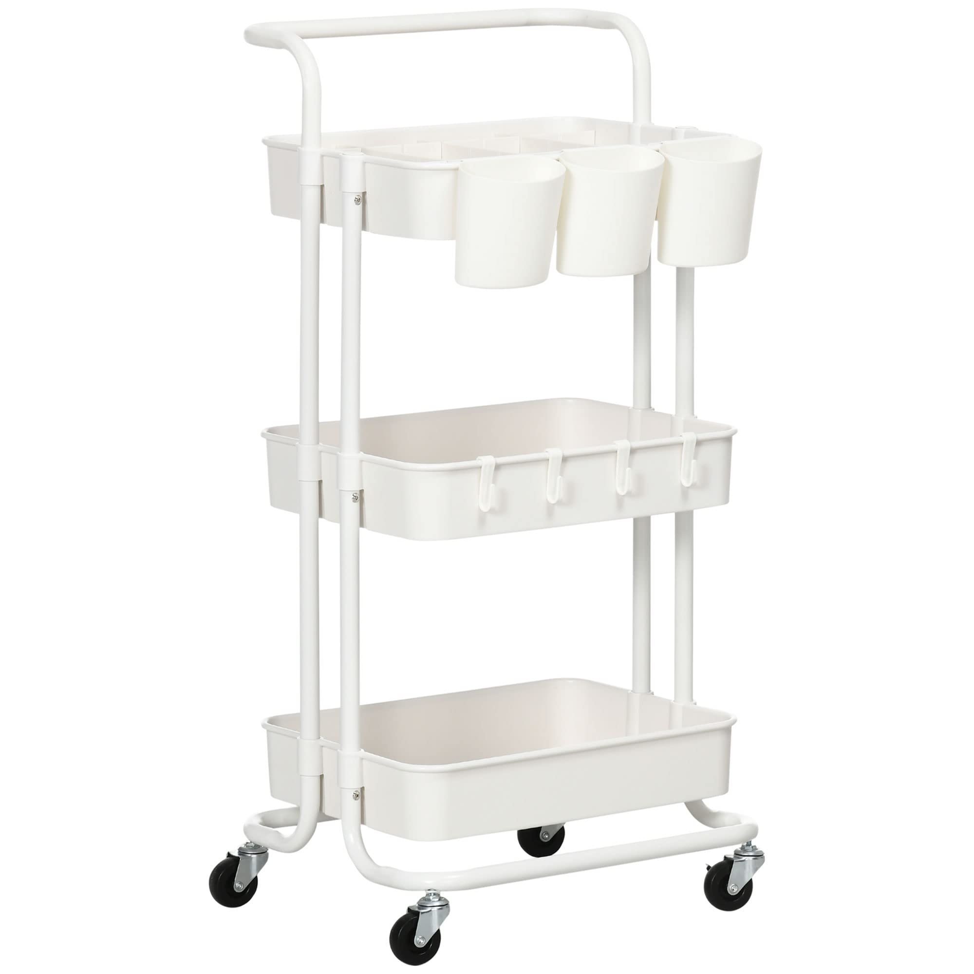 HOMCOM Carrello portaoggetti a 3 livelli su rotelle con 4 ganci e 3 appendini rimovibili per bagno, cucina, ufficio 42 x 38 x 86,5 cm - bianco
