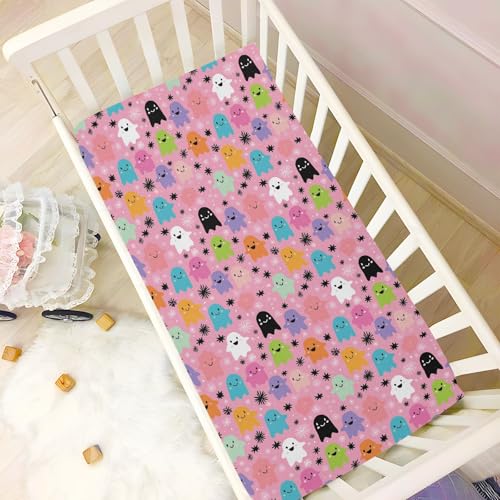 Image of Crib Sheet Breathable Soft Crib Mattress Sheet for Baby Toddler Boys Girls Fitted Crib Sheet Fit Standard Crib Mattress 39 x 27 Inch Cute Pink Halloween Ghost Snowflakes Stars