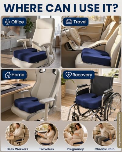 Image of 5 STARS UNITED Seat Cushion - Memory Foam Chair Cushion for Tailbone Pain Relief - Ergonomic Support for Coccyx, Sciatica & Butt - Office, Desk & Gaming Chair, Car Seat, Wheelchair, Airplane, Blue