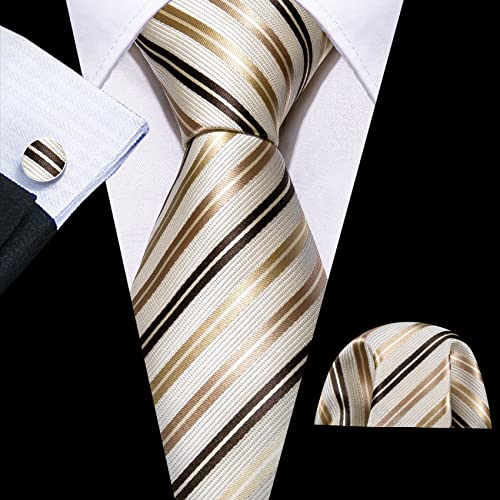 Image of Barry.Wang Tie Sets for Men Silk Stripe Necktie Woven Checkered Handkerchief Cufflinks Formal Business Wedding