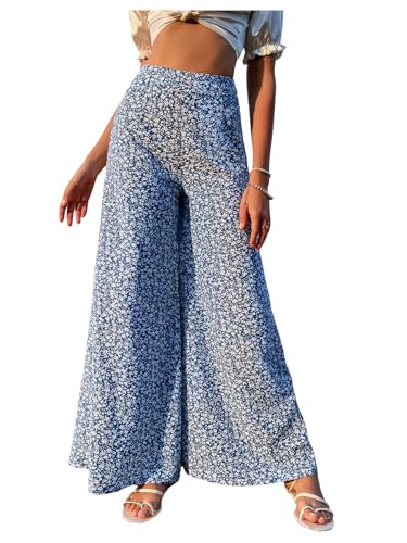 Floerns Women's Summer Beach Floral Pants High Waisted Wide Leg Palazzo Lounge Trousers