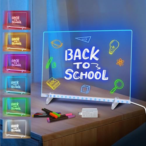 Purfex LED Acrylic Note Board with Clear Acrylic Stand 13.7 x 9.8 Light Up Dry Erase Message Board 7 Colors 4 Dimmable Light Modes Includes 7 Markers Hanging Chain & Cleaning Kit