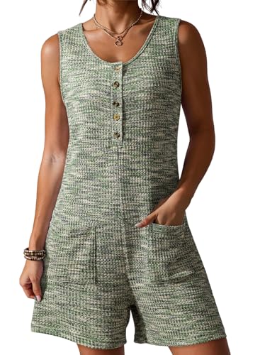 Dokotoo Plus Size Jumpsuits for Women Rompers Casual Short Rompers Overalls Wide Leg One Piece Sleeveless Waffle Knit Loose Jumpsuit with Pockets 2026 Beach Vacation Outfits Green Clothes