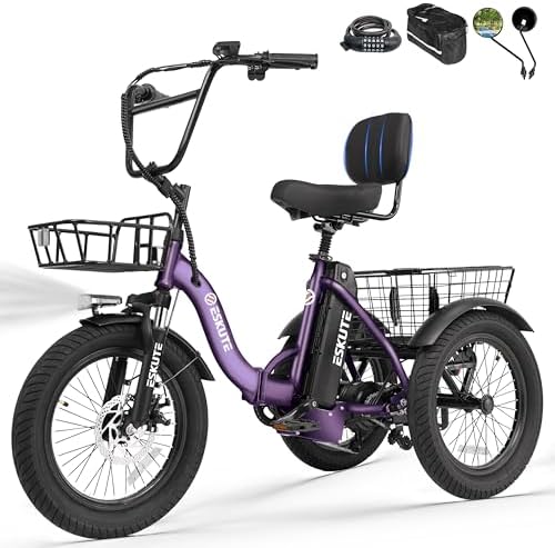 ESKUTE E Trike Electric Bike, Peak 1200W Brushless Motor Folding Trike 18X3.0 Fat Tire Ebike, 499Wh Battery, Step-Thru 3 Wheel Electric Bicycle, 55 Miles, 18MPH+ Tricycle for Adults Purple with Acc