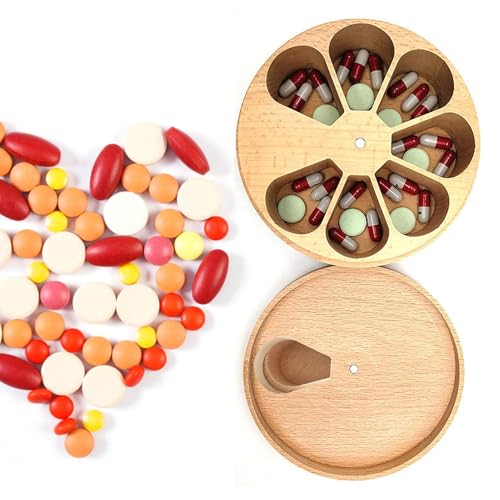 Dispensador semanal de pastillas – Planificador de pastillas de madera Contenedor de medicamentos de 7 días | Pastilleros de fácil apertura, pastillero semanal portátil, organizador de pastillas sin B