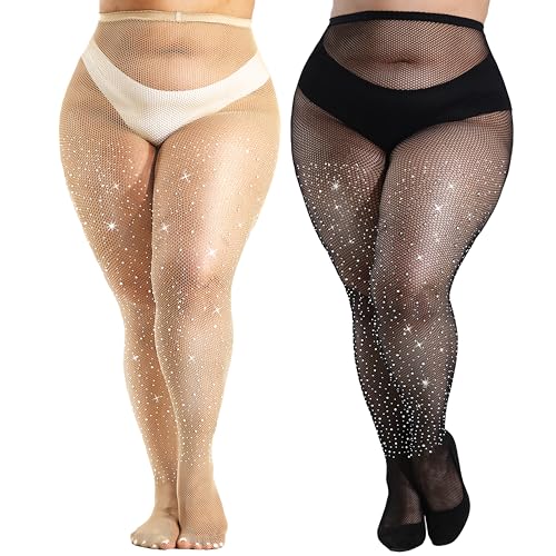 HeyUU Womens 10X Strong Ultra Sparkly Fishnet Tights, Plus Size Rhinestone Fishnets for Women, Sexy Concert Outfit Stockings