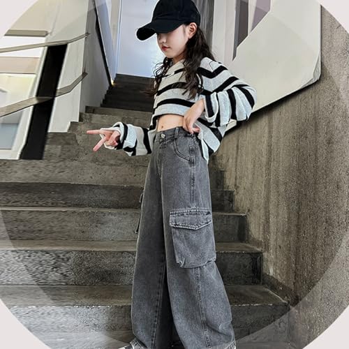 Girls Cargo Jeans Straight Buttons Baggy Leg Denim Pants Elastic High Waist Trousers Trendy Y2k Streetwear with Pockets2
