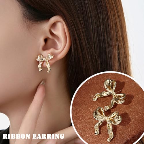 Gold Bow Earrings for Women Classic Ribbon Bow Stud Earring Set3