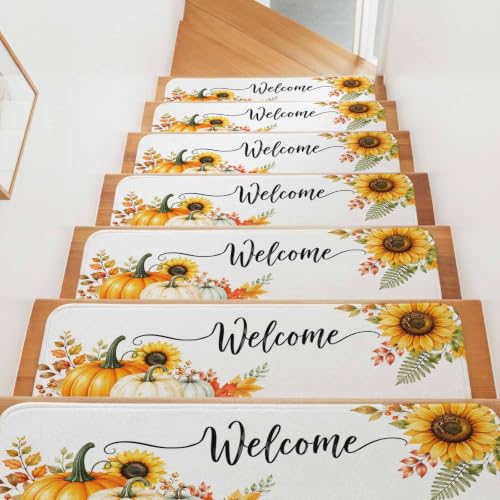 Stair Treads 8'x30'(4 pcs),Welcome Sign Autumn Sunflower Indoor Stair Runners Carpet...