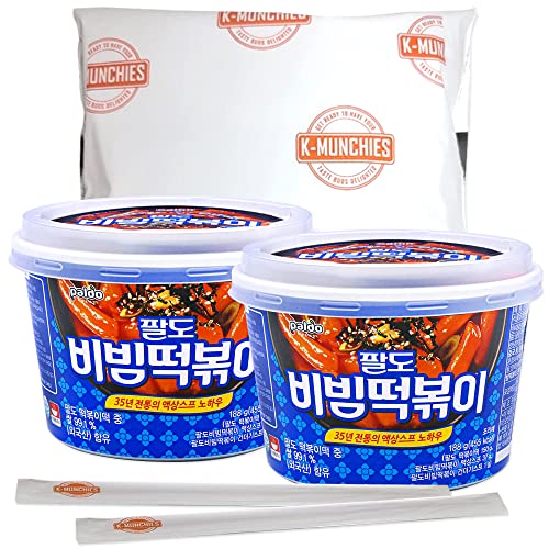 K-Munchies Paldo Bibim Tteokbokki Rice Cakes - 2 Cups (188g) Korean Rice Cake in Bibim Sauce - Sweet and Spicy Instant Tteokbokki Korean Snacks - Microwaveable Rice Cakes Korean Anytime, Anywhere