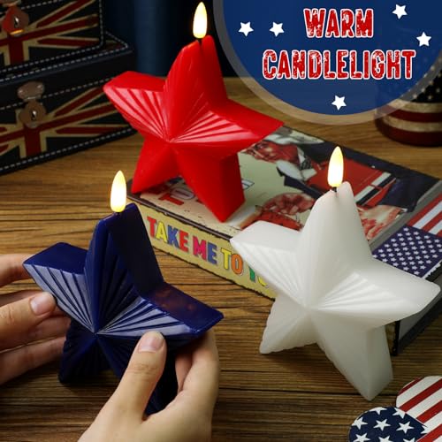 Image of Tujoe 3 Pcs 4th of July Flameless Candles Star Patriotic Candle Independence Day Battery Operated Candles USA Red White Blue LED Stars with Remote for Holiday Table Decorations