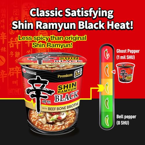 Image of Nongshim Shin Ramyun Black Cup of Noodles, Spicy Korean Signature Instant Ramyun, Rich Beef Bone Broth, Pantry Essential Korean Noodles, Quick and Easy, Microwaveable Cup, 3.56 oz (Pack of 6)