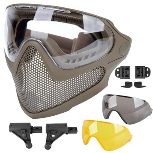 ATAIRSOFT 2 Modes Airsoft Mask Full Face Tactical Safety Protective Mask Anti-Fog Goggles Set with 3 Interchangable Lens (Coyote Brown)