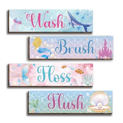 Vagafilla 4 Pieces Watercolor Ocean Mermaid Bathroom Wall Decor Signs, Inspirational Ocean Wall Art Signs for Girls, Funny Bathroom Rules Wood Hanging Sign Toilet Restroom Wall Decor-3