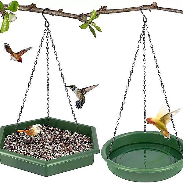 2 in 1 Bird Feeder and Bird Bath - Dark Green Weatherproof Hanging Garden Feeder for Small and Medium Wild Birds - Durable Plastic Outdoor Bird Feeding Station