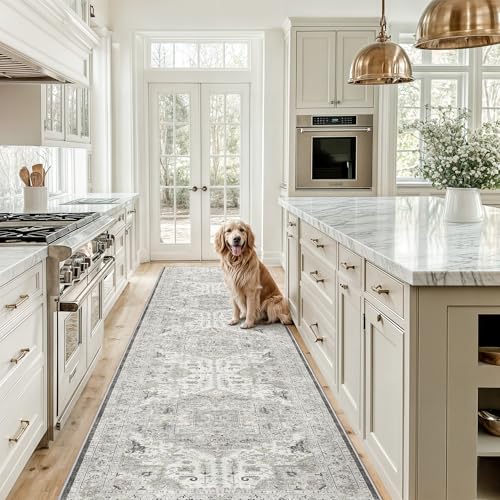 Madane Hallway Runner Rug 2'6''x12' Kitchen Runner, Non Slip Vintage Runners for Hallways Washable Kitchen Rugs Soft Low Pile 2.5x12 ft Rug Runner for Laundry Room, Entryway and Bedroom, Ivory/Brown