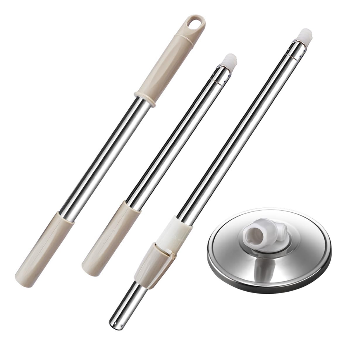 Midremer Extended Spin Mop Replacement Mop Handle, Upgraded 60-inch 360 Degrees Rotating Telescopic Replacement Mop Stick for Spin Mop Bucket Cleaning System (Stainless Steel Disc, Khaki)