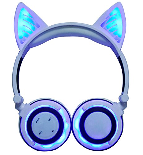 LIMSON Sans Fil Bluetooth Sur l'oreille, Pliable Rechargeable Écouteurs D'oreille de Chat Avec Micro LED Flash Casques D'écoute BTR107(Blanc)