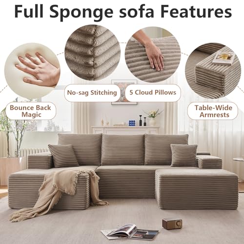 Image of 107 inch Modular Sectional Sofa with Ottoman, Modern Corduroy Cloud Couch with Deep Seat, Boneless Couch Upholstered 3-Seater U-Shaped Sofa for Living Room, No Assembly (Camel, Left-Facing Chaise)