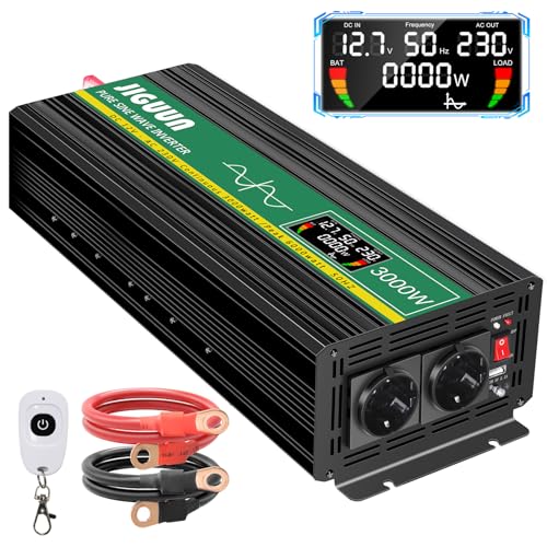 JIGUUN 3000W/6000W Inversor Onda Pura 12V 220V 230V Convertidor Inverter con 2 Tomas UE y un USB de...