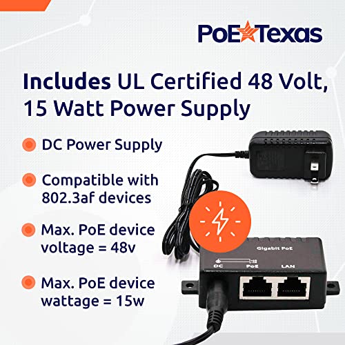 Image of Poe Texas PoE Injector - Single Port Power Over Ethernet Passive PoE Adapter - 10 /100 /1000 Gigabit Data - Includes 48V 15W Power Supply - Wall Mounting Plug & Play for Home Office, VoIP Phone, WiFi AP