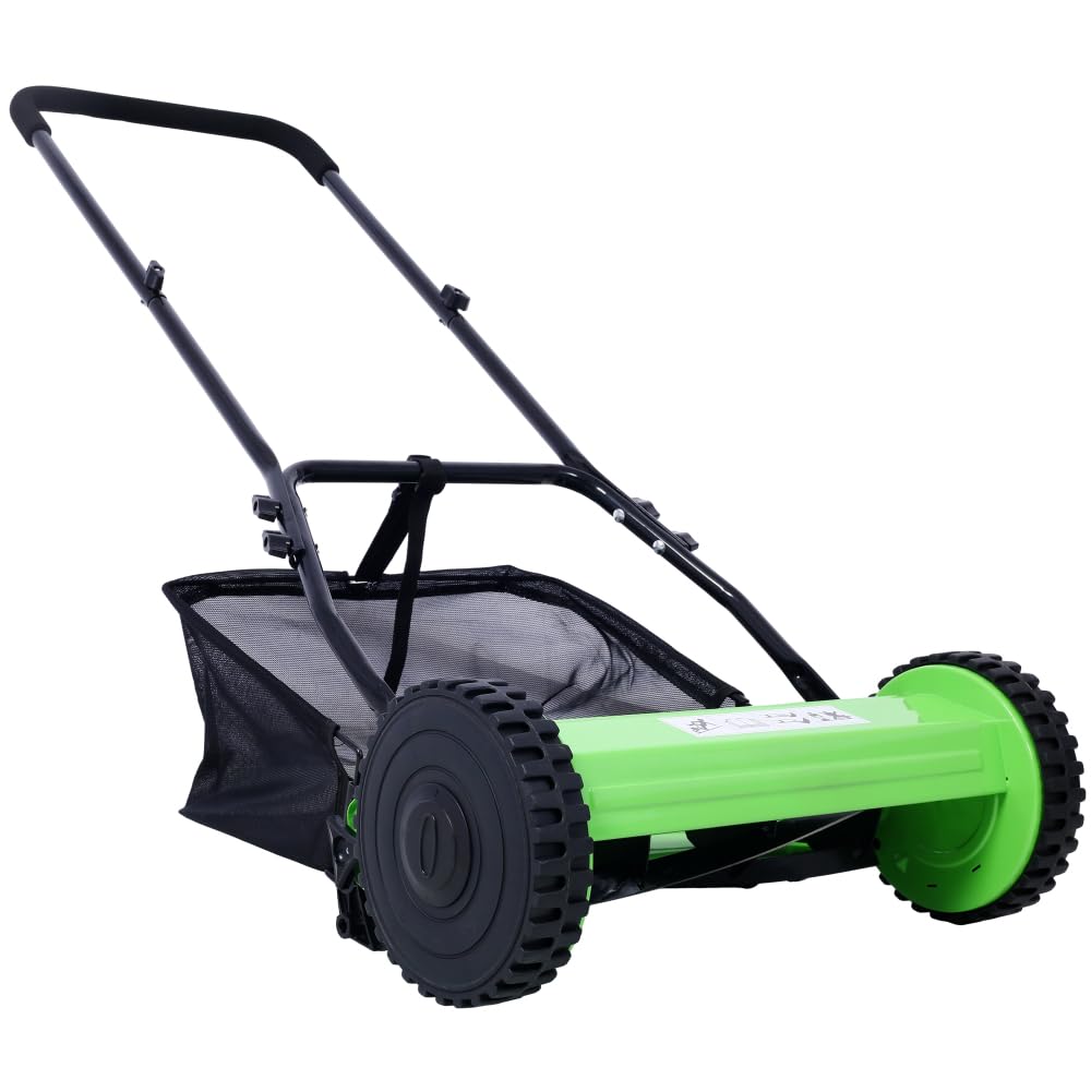 14-inch push reel lawn mower with grass catcher, 5-blade heat treated alloy steel push mower, adjustable blade height for green lawn, eco-friendly (green)