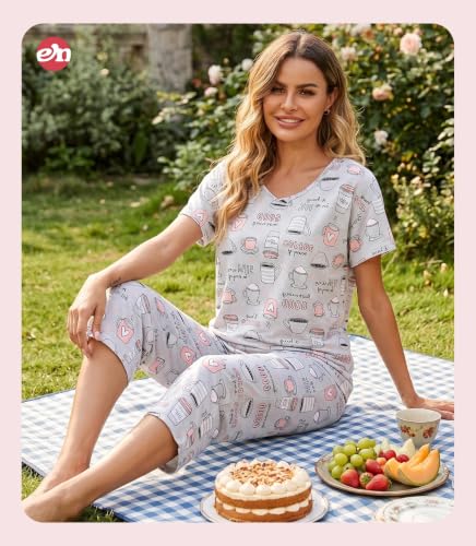 Image of ENJOYNIGHT Womens Pajama Sets Cotton Pj Set Short Sleeve Top With Capri Pants Sleepwear 2 Piece Lounge Set