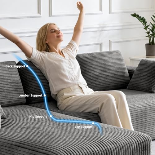 Image of 106 inch Corduroy Sectional Couch, Boneless L Shaped Couch with Deep Seat, Cloud Foam Sofa with Oversized Chaise, Sectional Sofa No Assembly Needed for Living Room