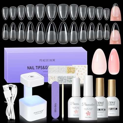 PEACECOLOR Capsule Americaine Ongle Kit, 240pcs Faux Ongles Amande 22 Tailles,Mini Lampe Uv und Colle Faux Ongles Vernis Semi Permanent Nude Pose Americaine Ongle Kit