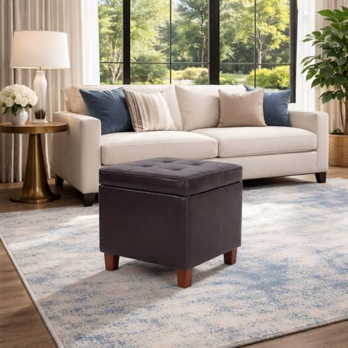 Image of HomePop Leatherette Tufted Square Storage Ottoman with Hinged Lid, Brown Small