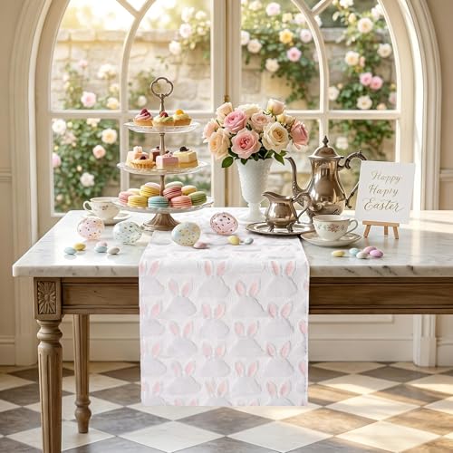 tiosggd Small Table Runner 36 Inch, Faux Fur Bunny Jacquard Dresser Scarf, Cute White and Pink Rabbit Coffee Table Cover for Nightstand, Console, Spring Summer Holiday Dresser Decor — view 2