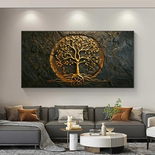 Cuadro en lienzo con impresión de árbol de la vida dorado abstracto moderno, ideal para sala de estar y dormitorio, 90 x 180 cm, sin marco.