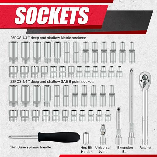 Image of EACELIY 54pcs 1 /4 inch Socket Set,Drive Impact Socket Set, SAE /Metric, Deep & Shallow with Universal Joint,Extension Bars,Hex Bit Holder, Spinner Handle,Ratchet,Cr-V Steel,6 Point,4-14mm,5 /32-9 /16 inch